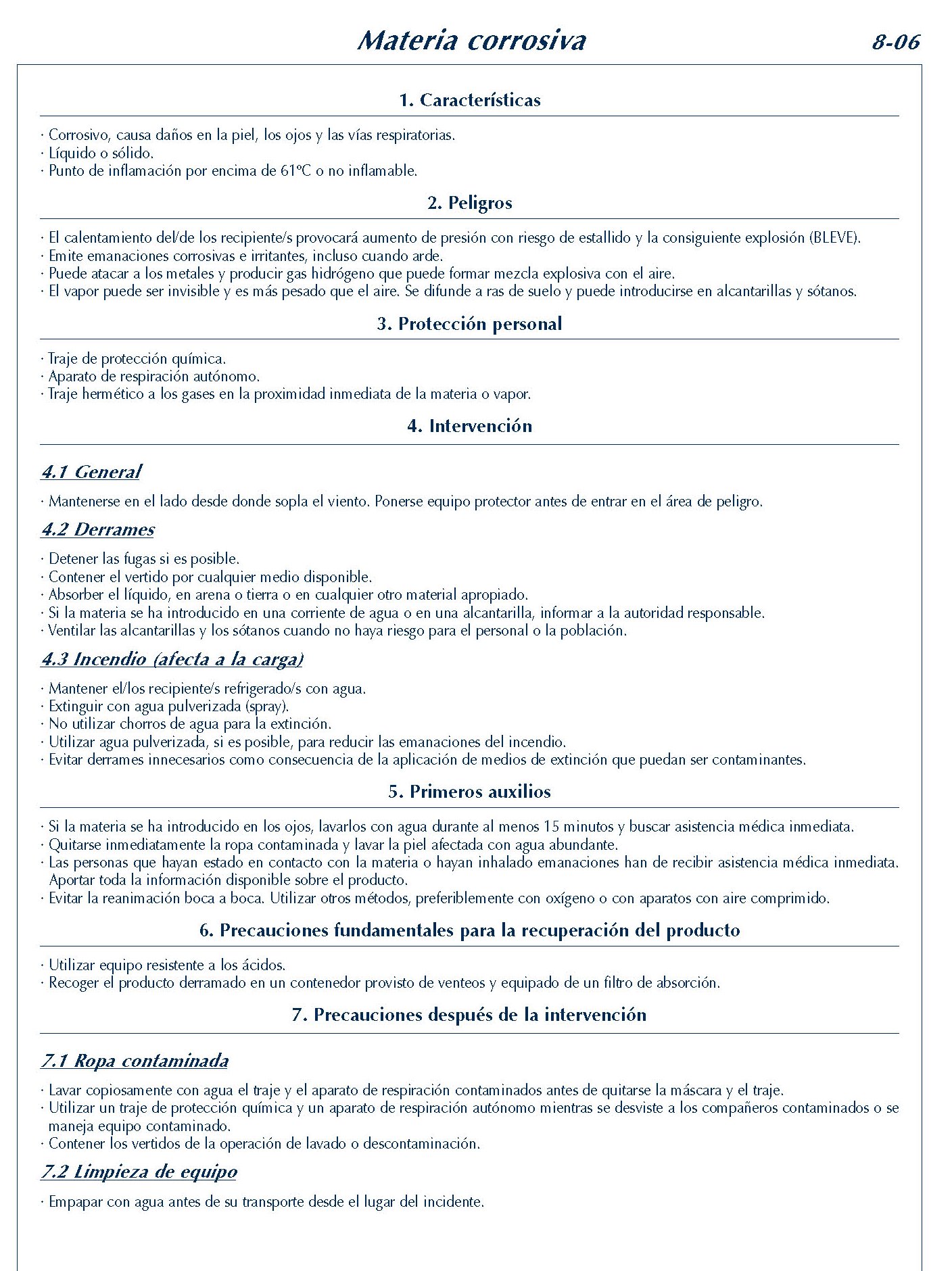 305 FICHA 8-06 MATERIA CORROSIVA FICHAS EMERGENCIA